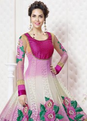 Pink And White Georgette Anarkali Suit In Esha Gupta only on Rs.1999/-